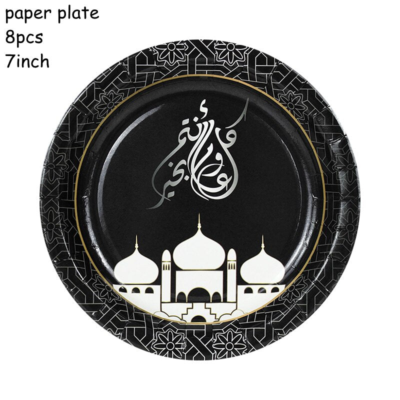 Eid Mubarak Disposable Tableware Gold Black Paper Plate Cup Napkin Ramadan Decoration Islamic Muslim Party Supplies 