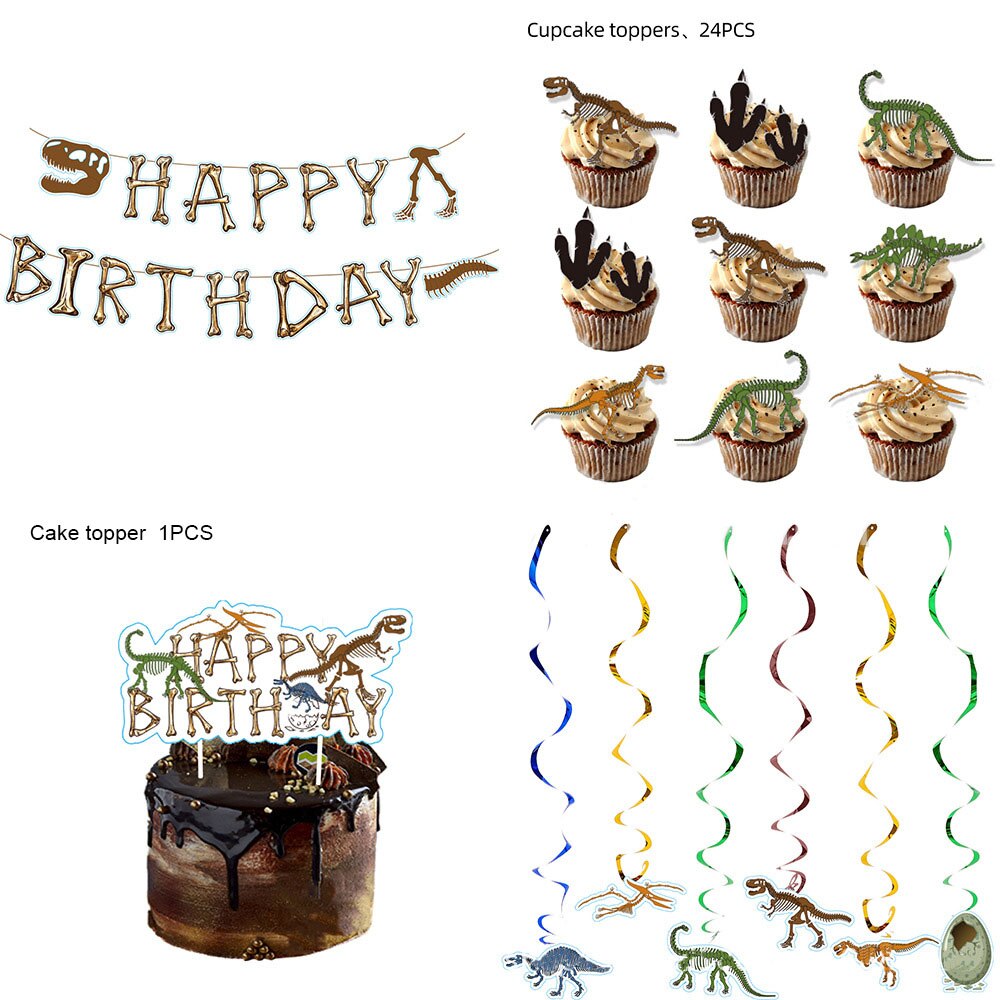 Ancient Dinosaur Fossil Themed Latex Balloons Set Paper Banner Cake Topper Spiral Ornament Birthday Party Decoration 