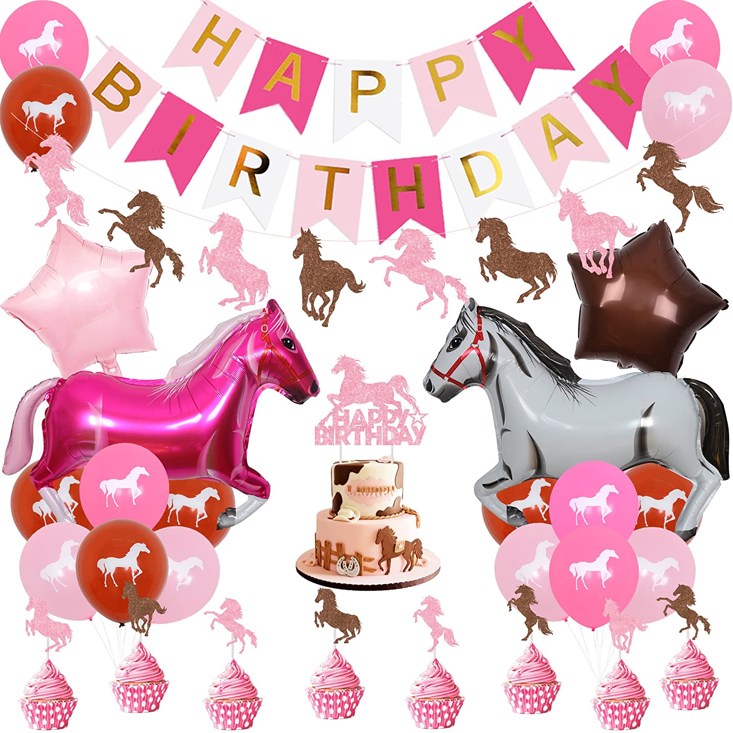 Horse Party Decorations Balloons Kit Happy Birthday Banner Cake Topper for Western Cowgirl Birthday Party Supplies PartyDecorHQ