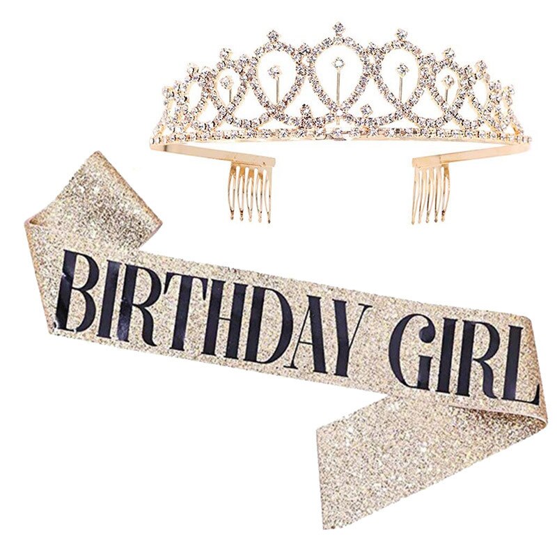 Girls Happy Birthday Party Gifts Birthday Girl Rhinestone Diamond Crown Shoulder Strap Glitter Etiquette Strap Set PartyDecorHQ