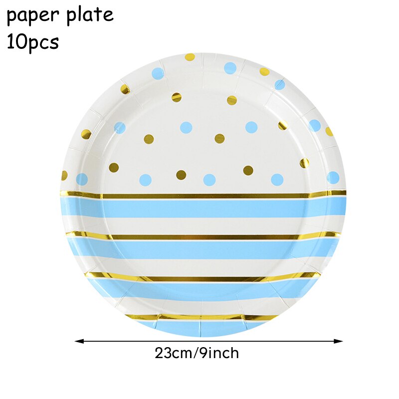 Blue Gold Dot Stripe Disposable Tableware Set Birthday Paper Plate Cup Napkin Wedding Party DIY Decorations Baby Shower Supplies 