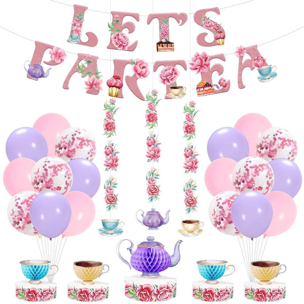 Let's Partea Theme Party Decoration Set Banner Confetti Balloon Rose Flower Garland for Girls Birthday Baby Shower Afternoon Tea PartyDecorHQ