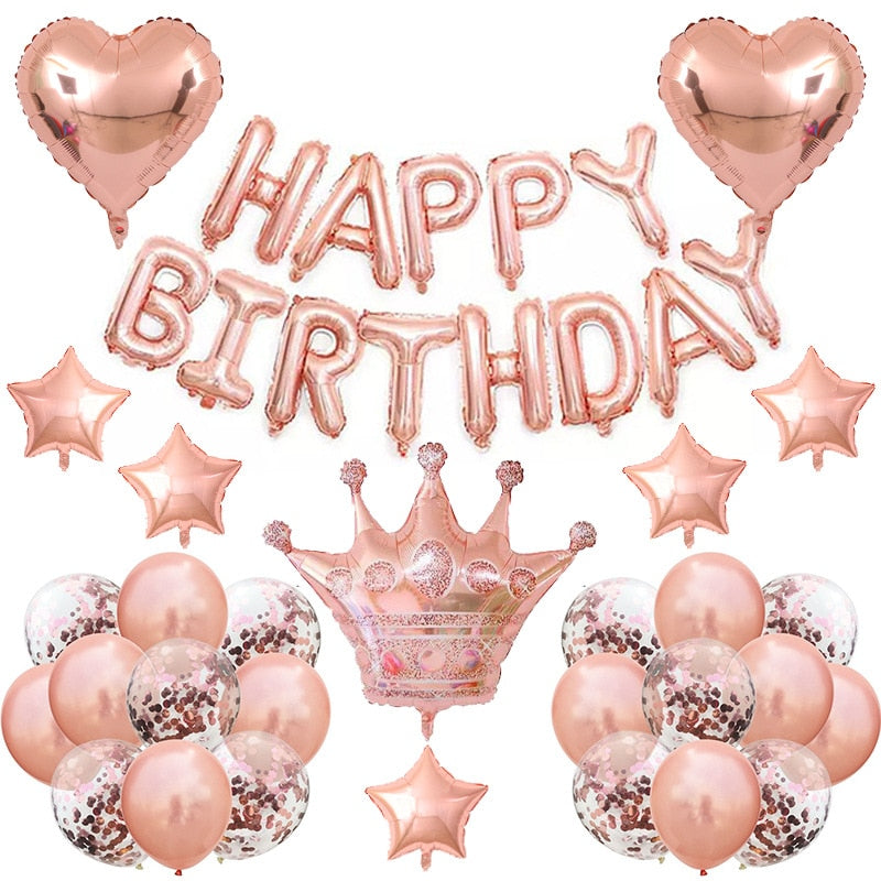 Party Decoration Set Rose Gold Confetti Balloons Star Heart Crown Latex Birthday Baby Shower Supplies 