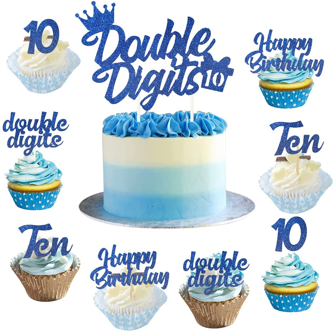 Blue Party Decorations Double Digits Happy Birthday Cake & Cupcake Topper for Boys 10th Birthday Party Supplies PartyDecorHQ