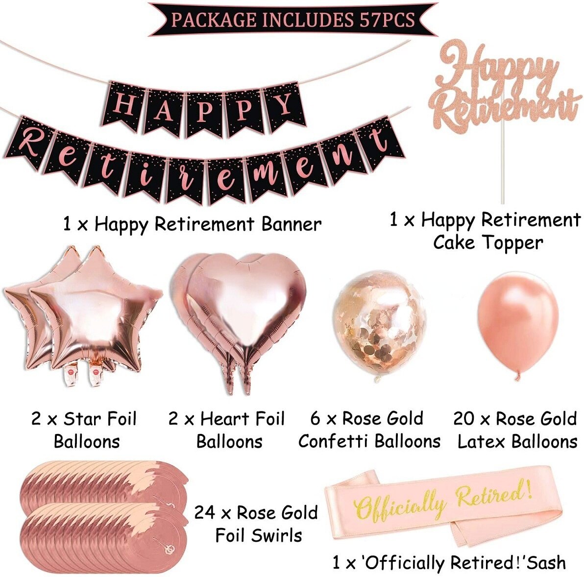 Rose Gold Retirement Party Decoration Set HAPPY RETIREMENT Banner Confetti Balloon Cake Topper Women Supplies 