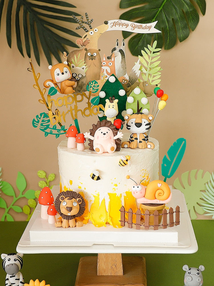 Cake Topper Safari Animals Happy Birthday Party Decorations Decoration Girl Baby Children's Woodland Supplies Toppers 