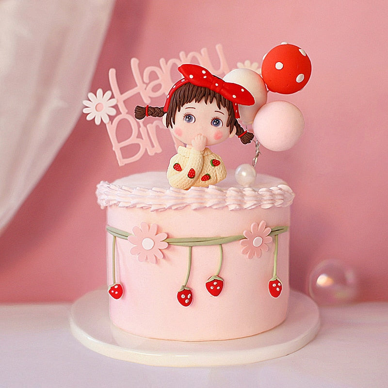 Pink Princess Girl Strawberry Decoration Hot Air Balloon Wedding Party Supplies Star Happy Birthday Cake Topper Baking Love Gift 