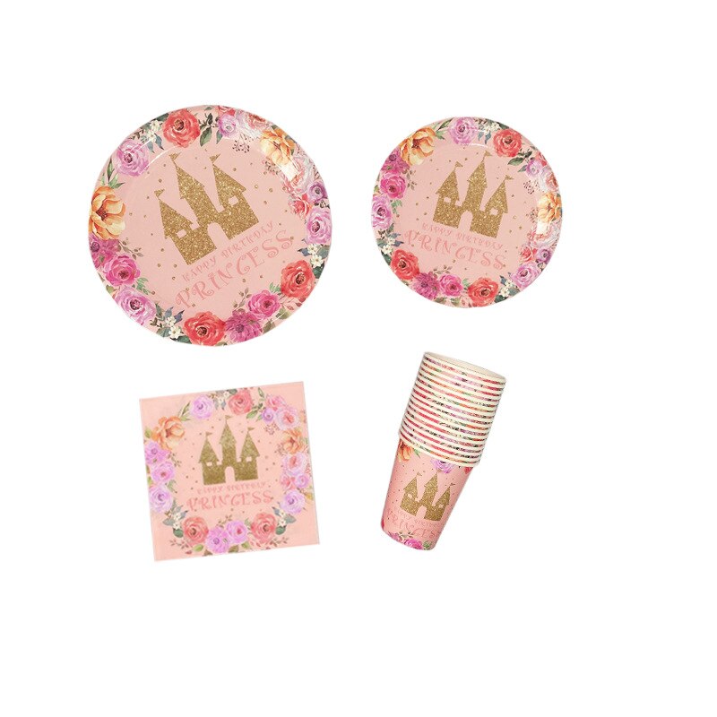 Princess Crown Pink Confetti Latex Balloon Disposable Tableware Paper Plate Tissue Set Girls Birthday Party Supplies 