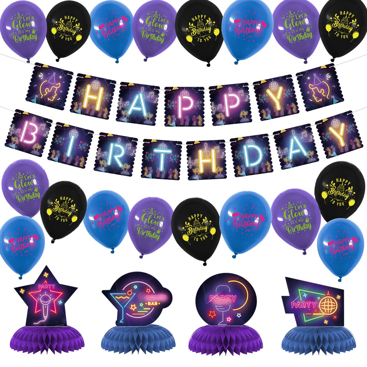 Luminous Glow Birthday Party Decoration Balloon Set Letter Banner Cake Topper Mask Youth Carnival Supplies 