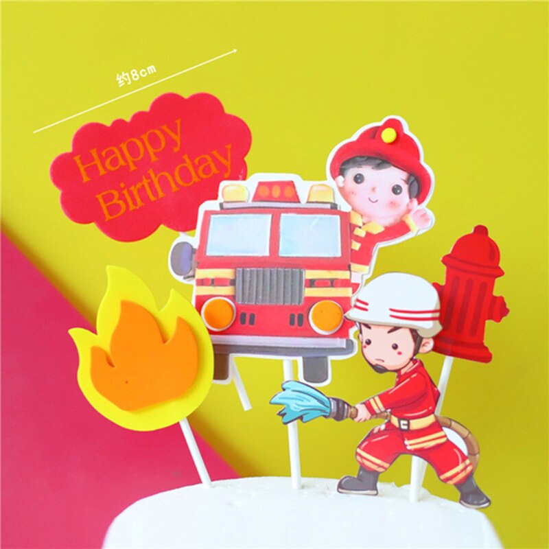 Happy Birthday Cake Toppers Party Supplies Fireman Set Fire Ladder Truck Decoration Boy Children's Day Decorate Gifts 