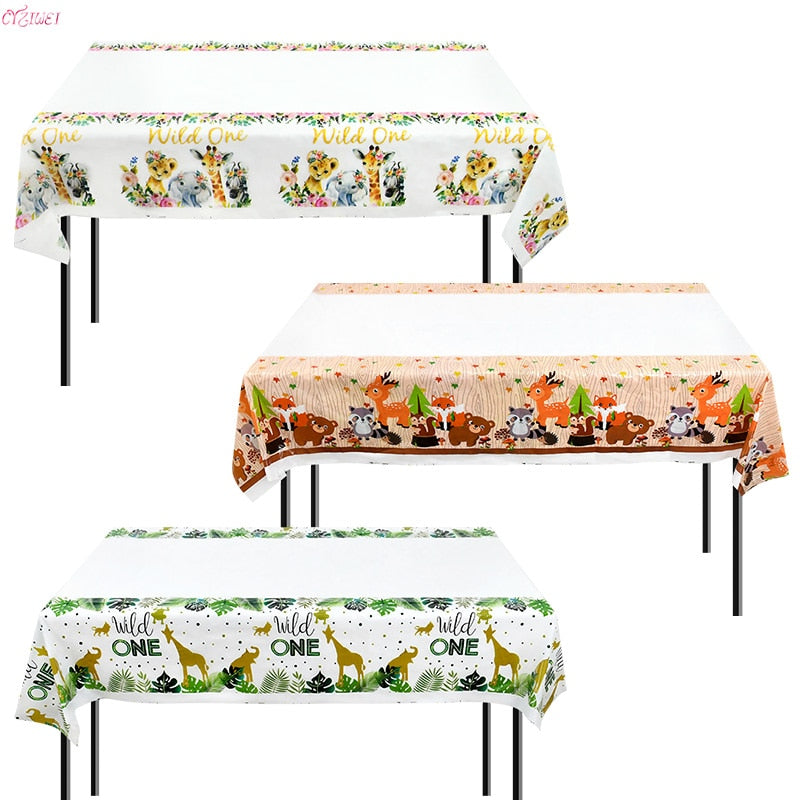 Jungle Animal Theme Disposable Tablecloth Forest Deer Cute Fox Bear Safari Table Cover Kids Happy Birthday Party Decor 