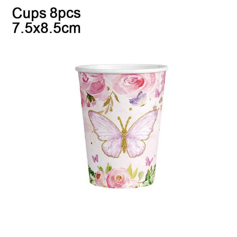 New Butterfly Pink Disposable Tableware Paper Cup Napkin Happy Birthday Wedding Party Decoration Baby Shower Festival Supplies 