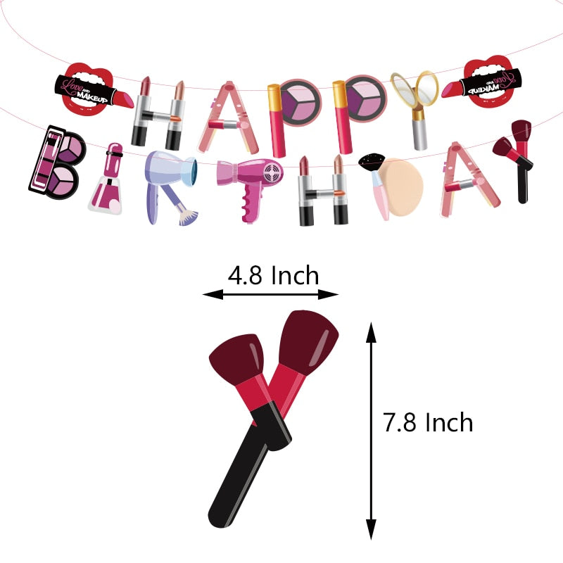 Makeup Theme Party Decoration Balloons Set Happy Birthday Lipstick Banner Cake Toppers Girls Supplies 