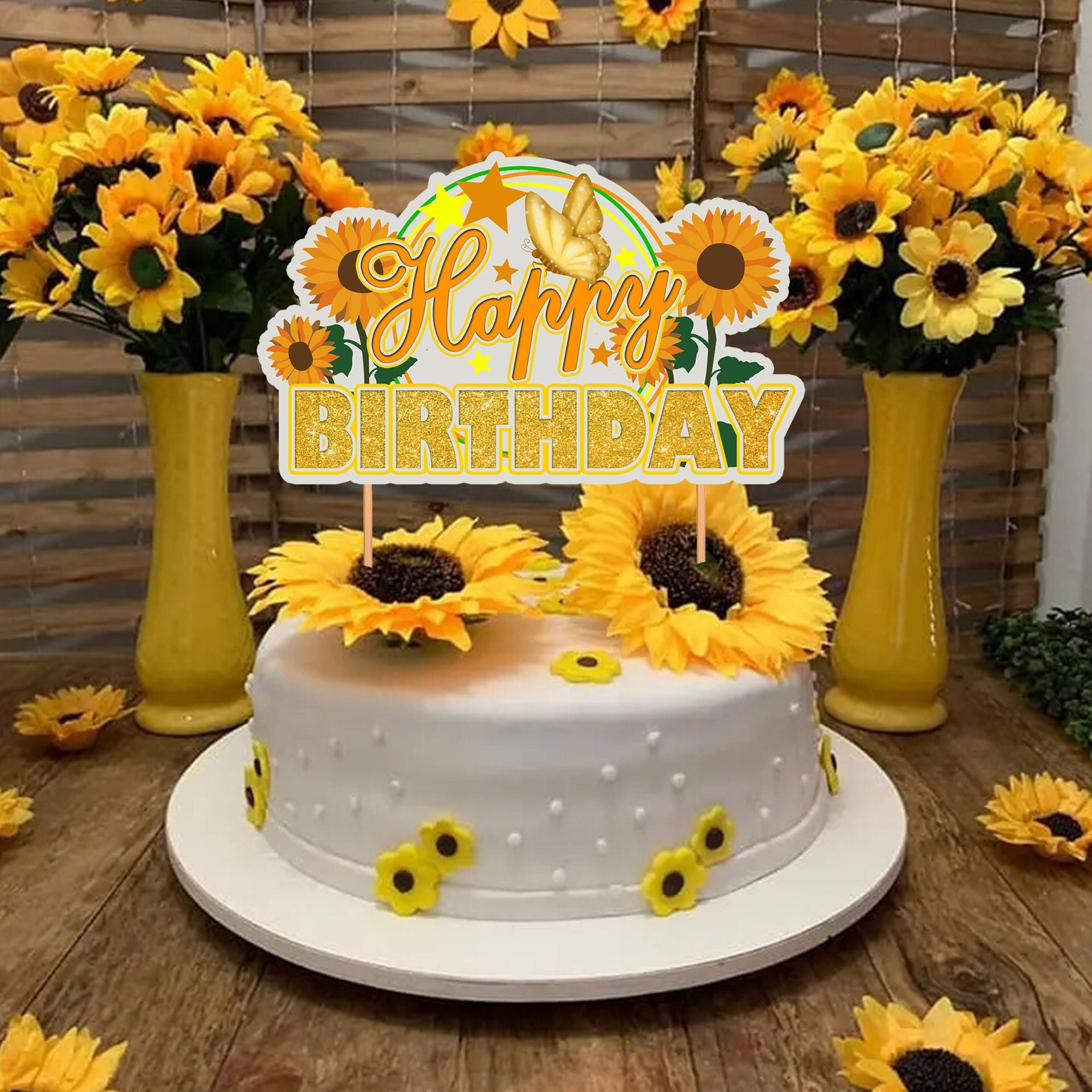 Sunflower Themed Birthday Party Decoration Latex Balloons Happy Banner Cake Topper Supplies 