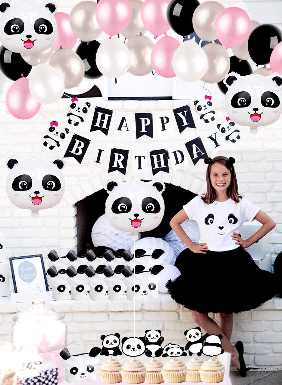 Panda Theme Party Decoration Black White Balloon Set Happy Birthday Banner Cake Toppers Supplies 