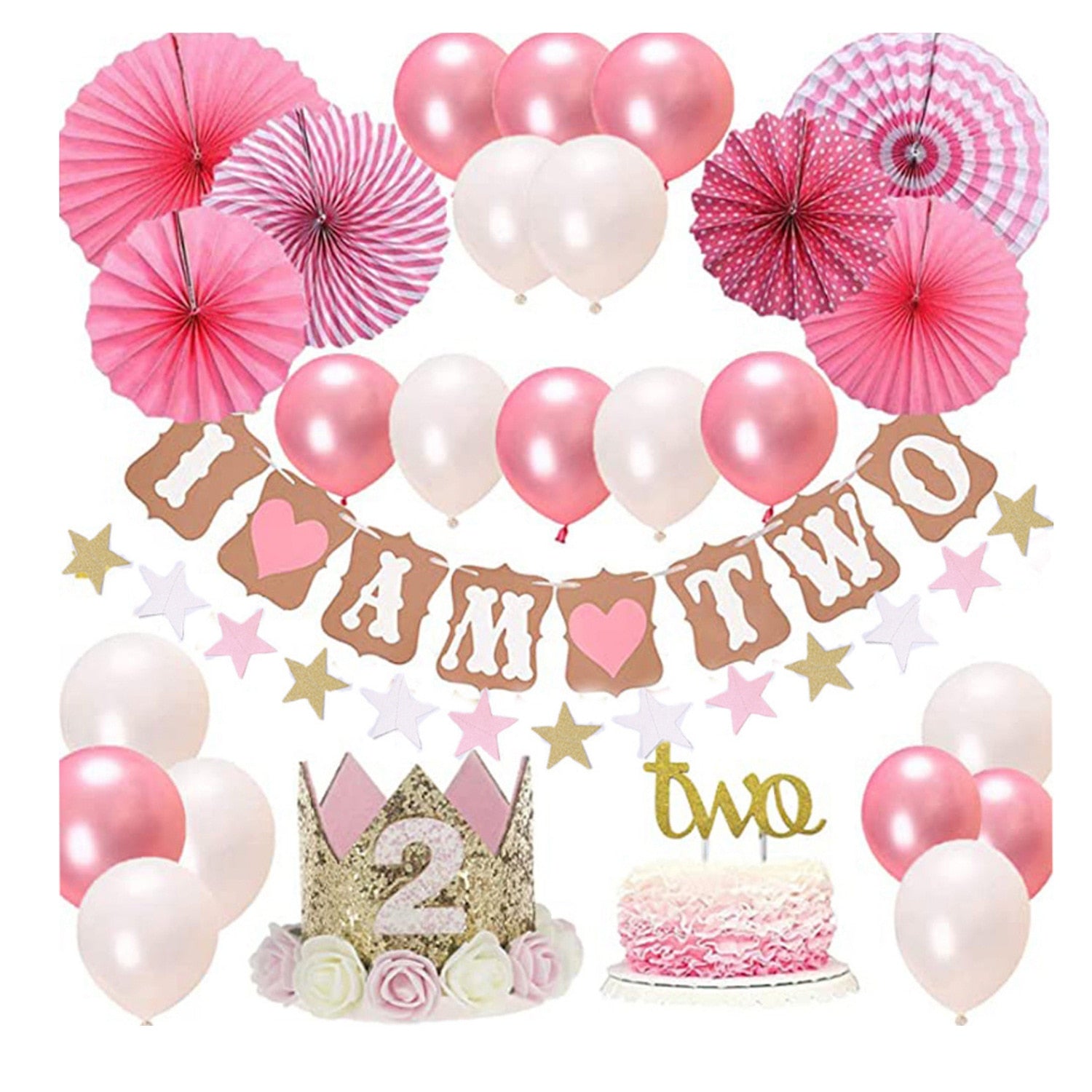 Pink Party Decoration White Latex Balloon Set Letter Banner Cake Topper Baby Girl st nd Birthday Supplies 