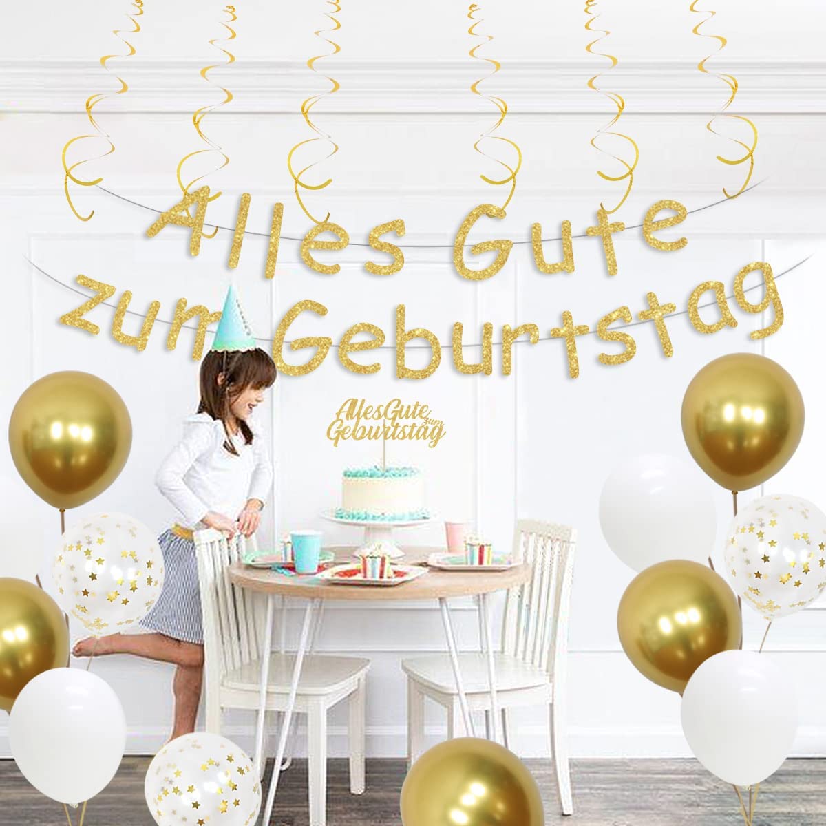 Gold Birthday Party Decorations Happy Banner Star Heart Foil Balloons Hanging Swirls Supplies 