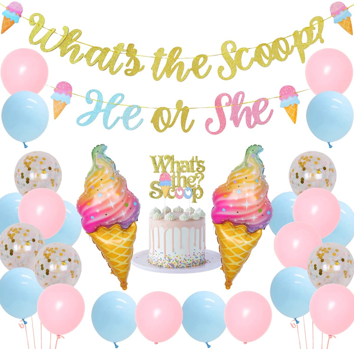 Gender Reveal Theme Party Decorations What’s Scoop Banner Ice Cream Foil Balloons Supplies 