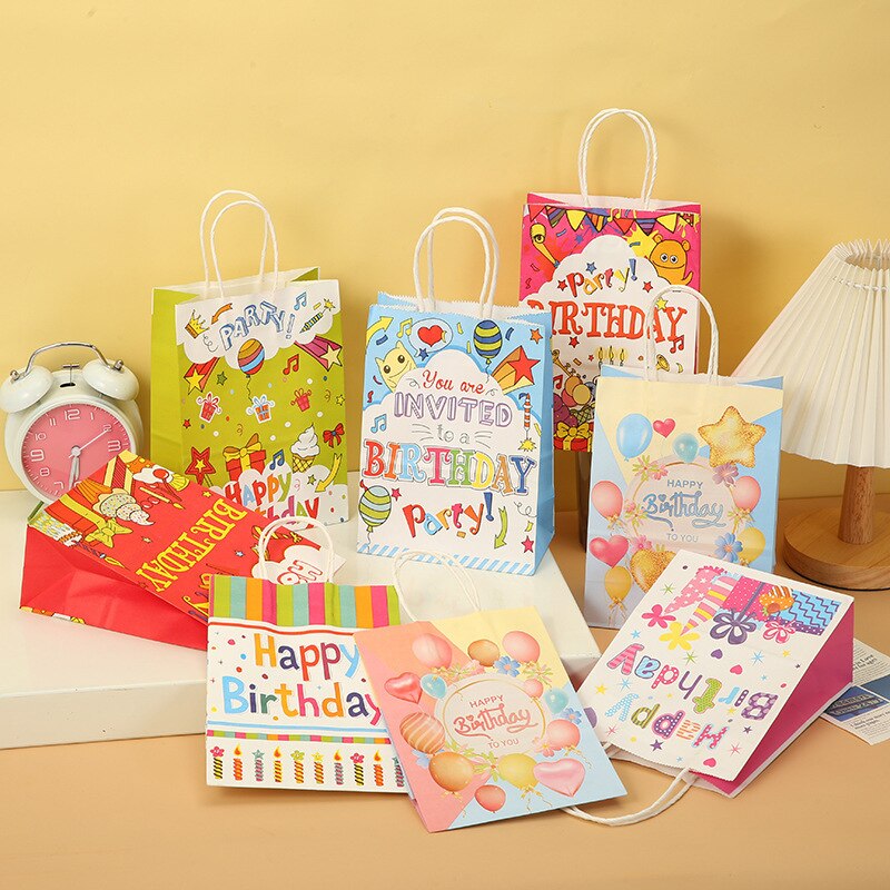 pcs Kraft Paper Gift Bag Handle Happy Birthday Packaging Wedding Favors Guests Festival Supplies 