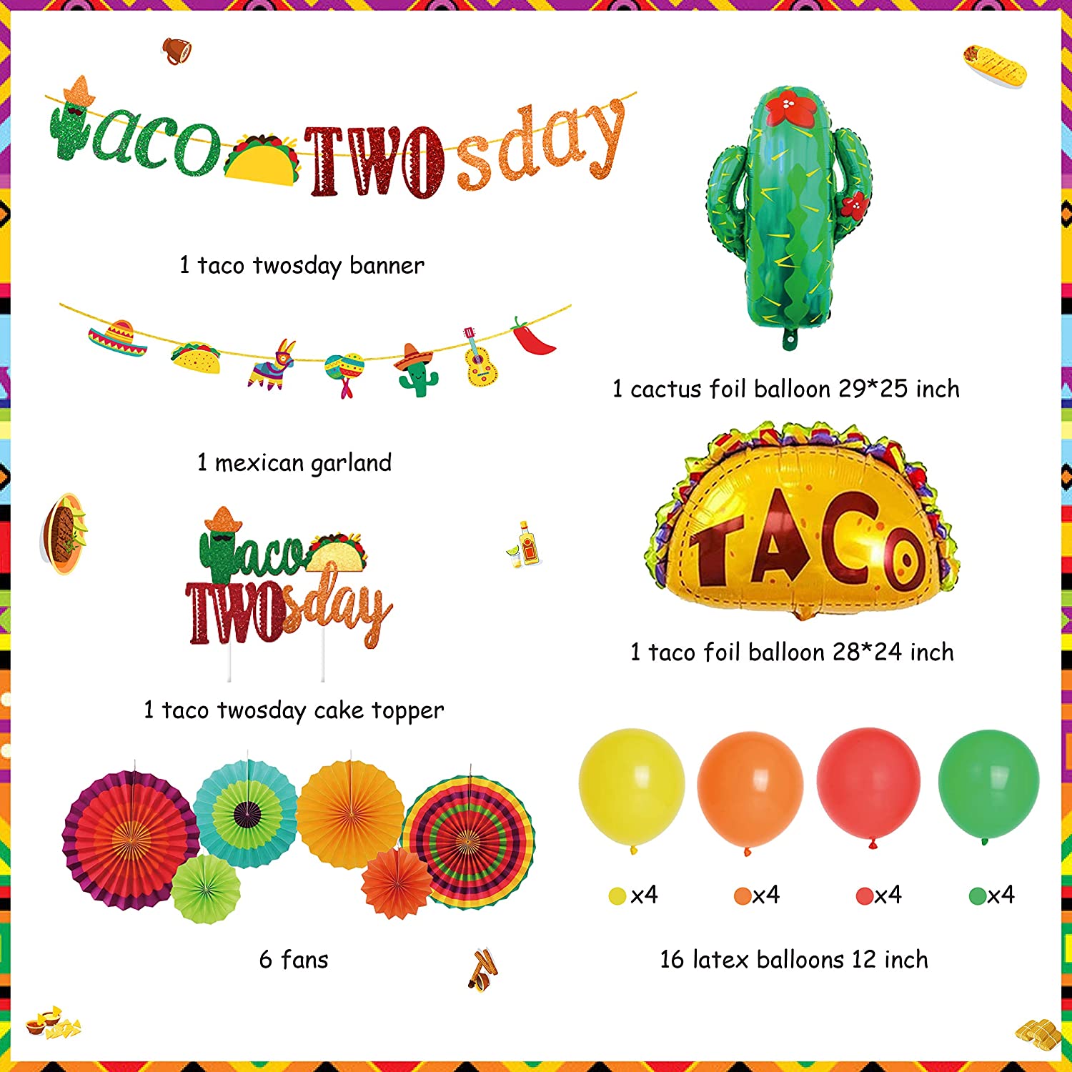 Mexican Fiesta Party Decorations Taco Second Banner Cake Topper Cactus Balloons Set nd Birthday Supplies Inflatable