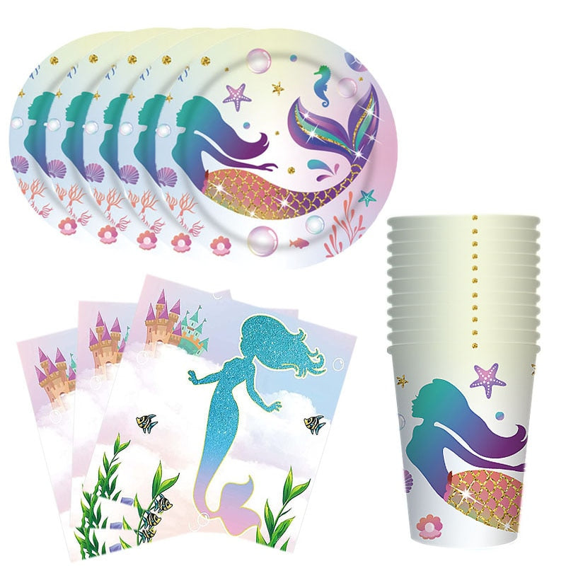 pcs Mermaid Disposable Tableware set Paper Plates Cups Napkins Decoration Birthday Party Decor Kids Baby Shower Girl 