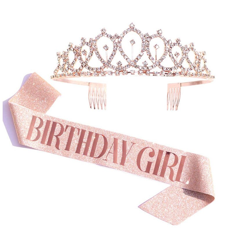 Girls Happy Birthday Party Gifts Birthday Girl Rhinestone Diamond Crown Shoulder Strap Glitter Etiquette Strap Set PartyDecorHQ