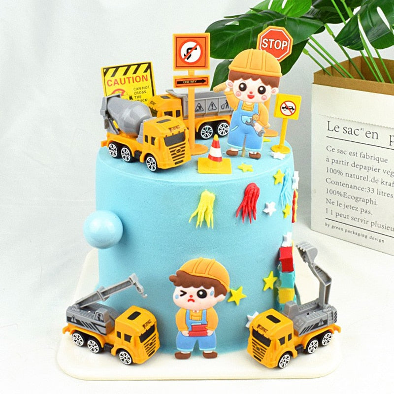 Boys Engineering Vehicle Cake Decor Digging Machine Toppers Crane Decors Happy Birthday Party Toys Gift 