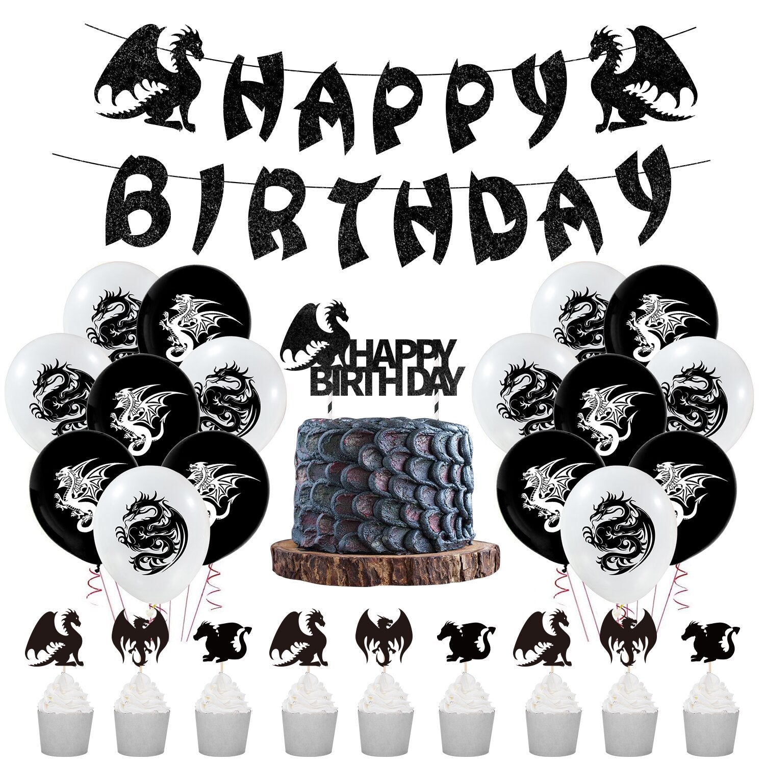 Dragon Theme Party Decoration Latex Balloons Set Black Happy Birthday Banner Cake Topper Boy Supplies 