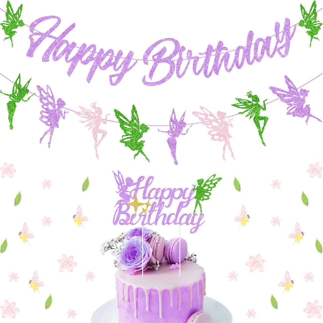 Purple Fairy Theme Party Decorations Happy Birthday Banner Cake Topper Girl st nd th Supplies 