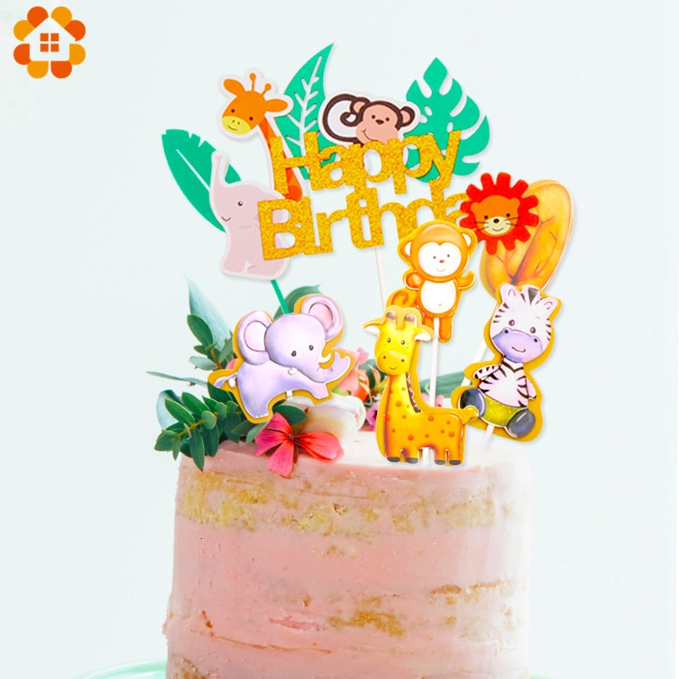 1Set Jungle Animals Cactus Cake Toppers Happy Birthday Decorations For Children's Day Boy Girl Party Baking Sweet Gifts Supplies PartyDecorHQ