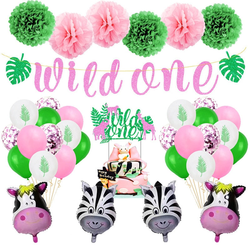 Cow Zebra Foil Latex Balloon Set Pink Green WILD ONE Banner Cake Topper Girl Baby Shower st Birthday Party Supplies 