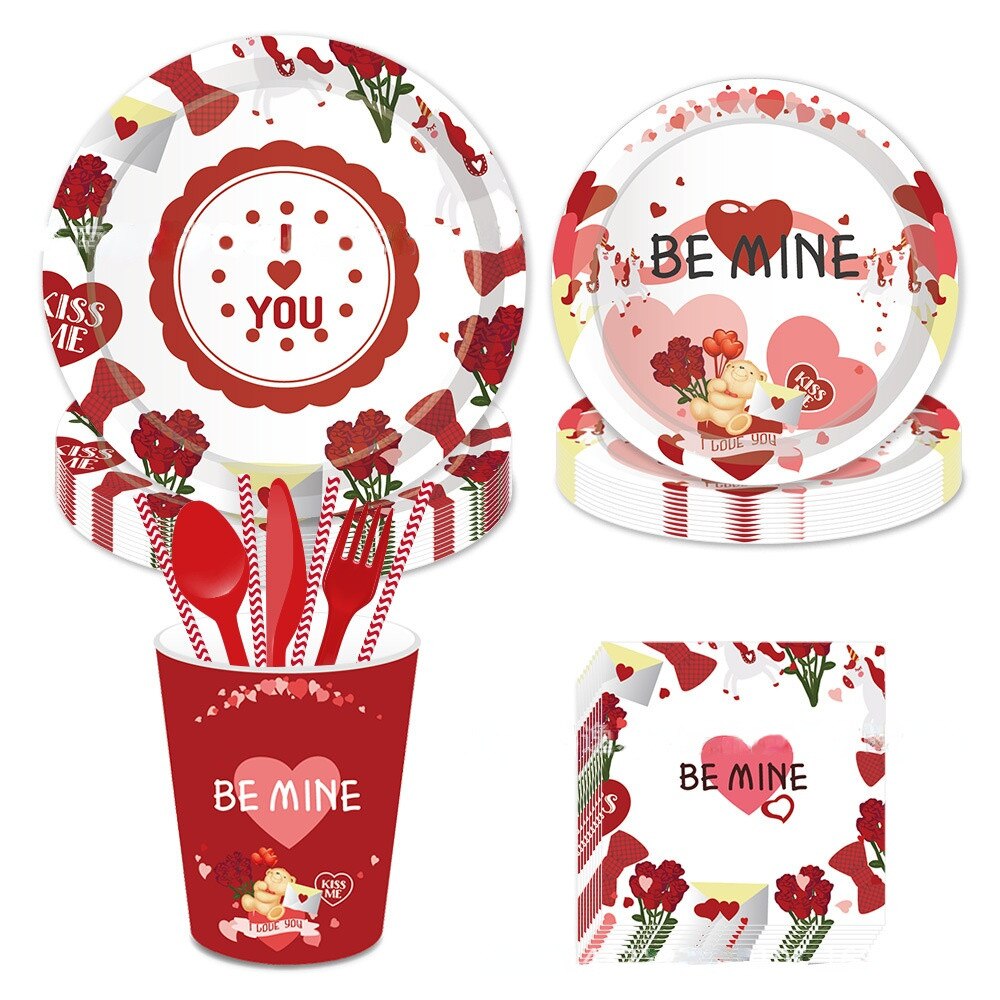 Valentine's Day Party Decoration Love Kiss Mine Paper Plate Heart Cup Flower Napkin Supplies 