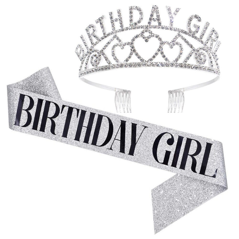 Girls Happy Birthday Party Gifts Birthday Girl Rhinestone Diamond Crown Shoulder Strap Glitter Etiquette Strap Set PartyDecorHQ