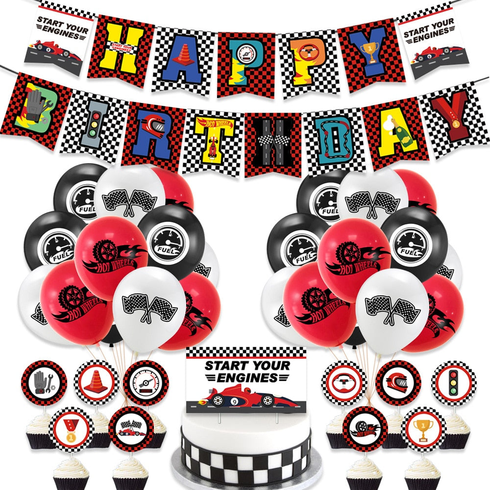 Racing Theme Party Decoration Red Black White Banner Cake Toppers Latex Balloons Boys Birthday Supplies 