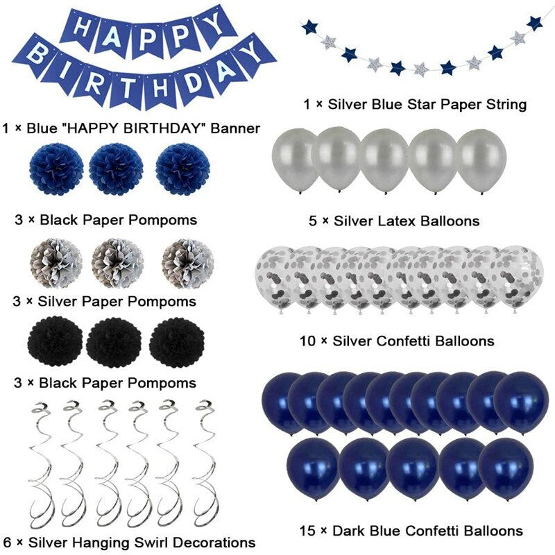 Navy Blue Party Decoration Black Balloon Set Happy Birthday Banner Paper Pompoms st Supplies 