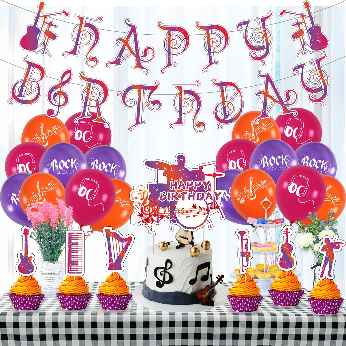 Concert Themed Birthday Party Decoration Music Balloons Set Letter Banner Guitar Violin Cake Toppers Supplies Inflatable Decorations