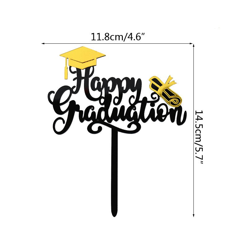 3pcs Happy Graduation Acrylic Cake Toppers Gold Black Congrats Grad Cake Topper for Class of 2022 College Celebrate Party Decor PartyDecorHQ