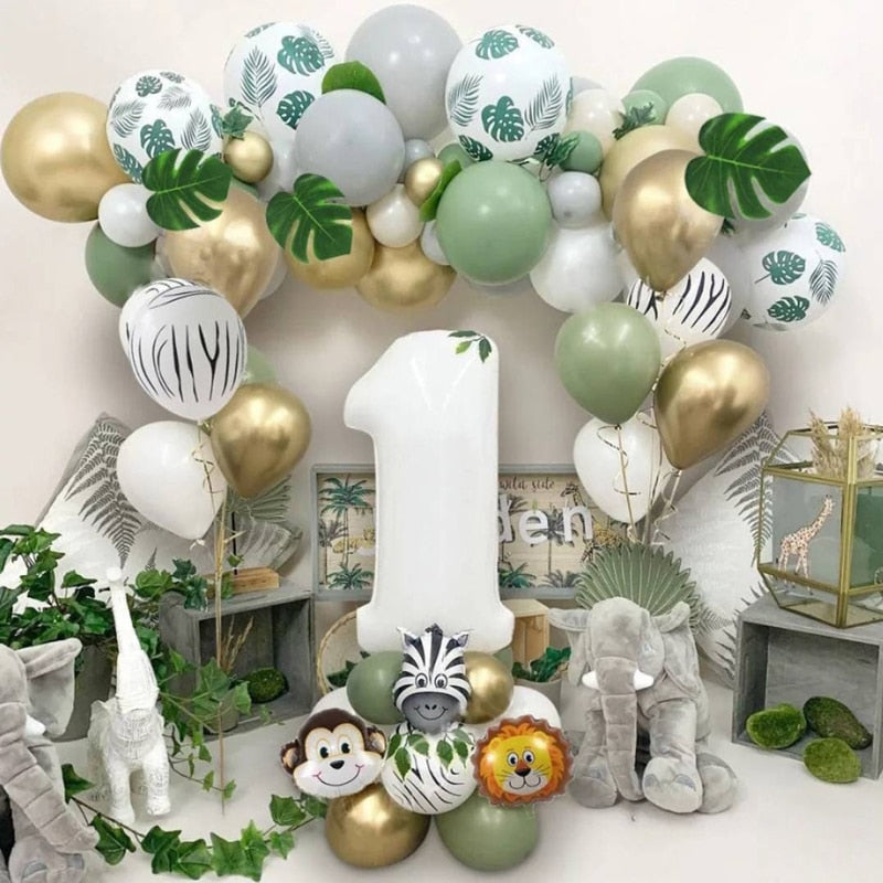 Avocado Green Balloon Garland Arch Kit White Inch Number Jungle Safari Wild First Birthday Boy Party Decorations Kids Inflatable