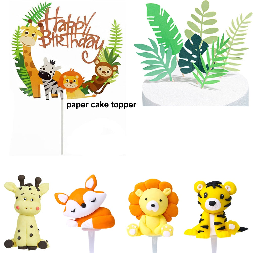 6pcs/Pack Jungle Cake Toppers Set Child Birthday Cake Decoration Safari Animals Giraffe Lion Soft Clay Turtle Leaf Supplies PartyDecorHQ