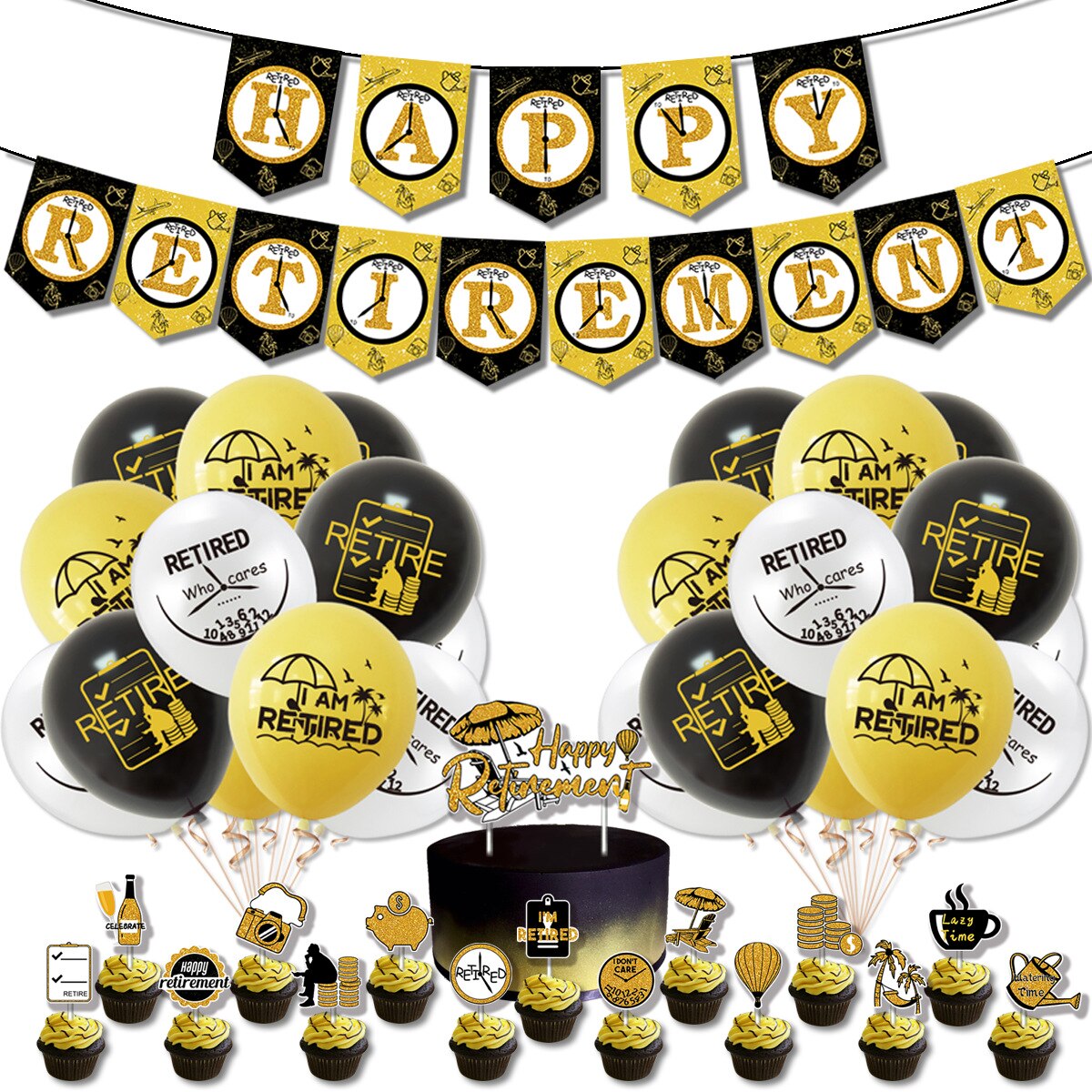 Retirement Party Decorations Black Gold Letters Banner Cake Toppers Confetti Balloons Set Supplies 