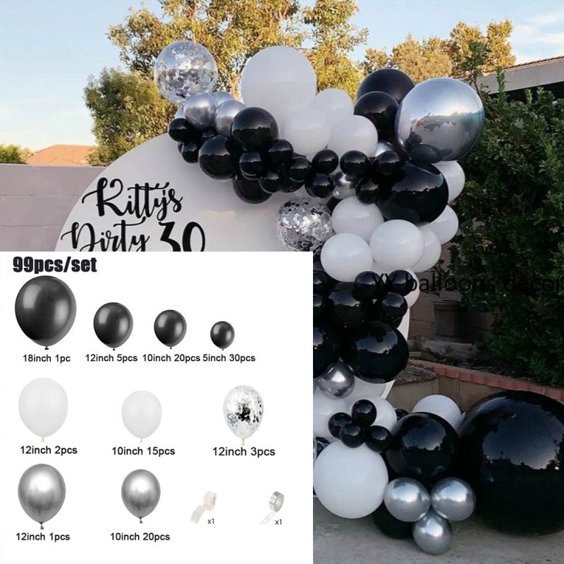 99pcs White Black Balloons Arch Garland Kit Silver Metallic Ballon for Baby Shower Wedding Birthday Anniversary Party Decoration PartyDecorHQ