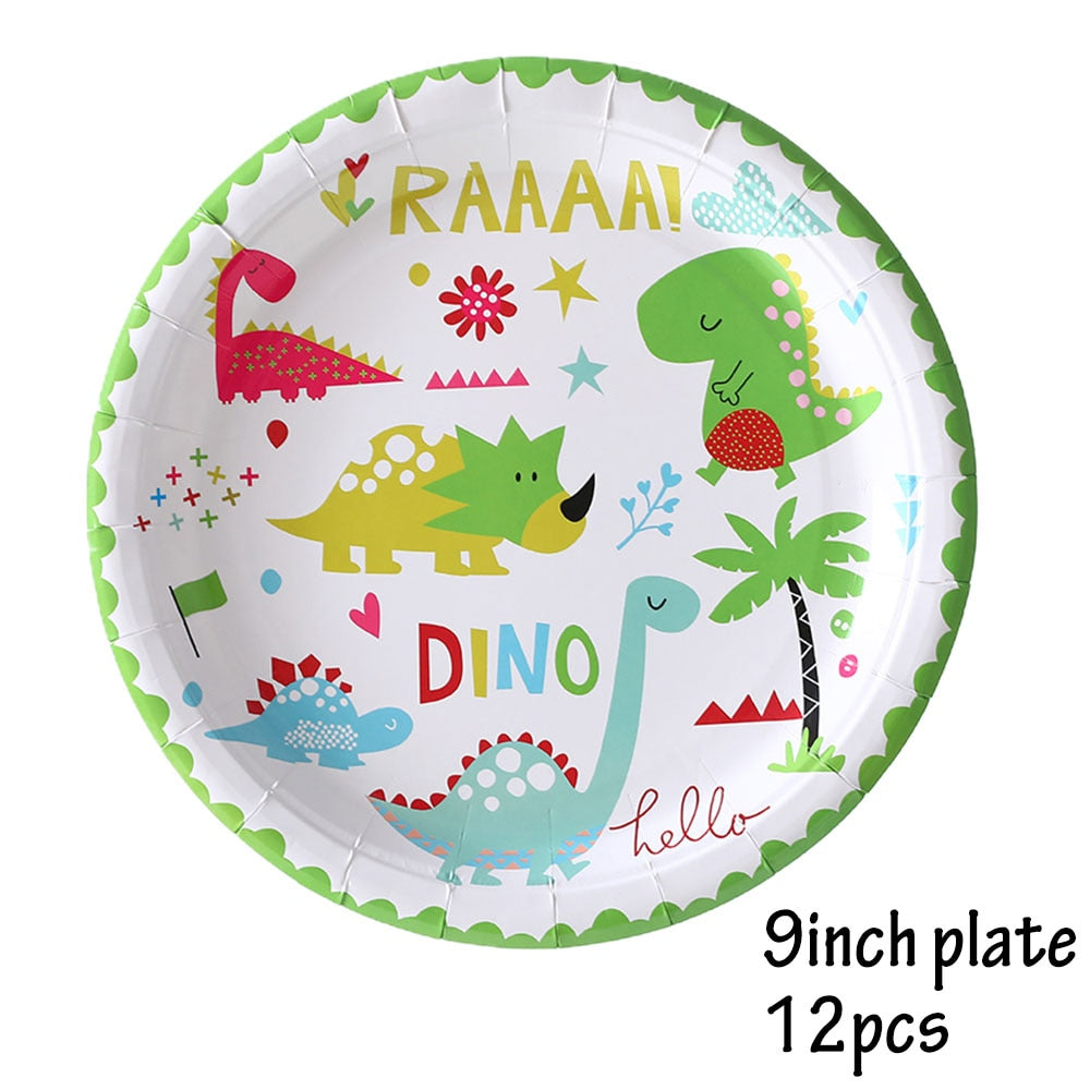 Cute Dinosaur Birthday Decorations Disposable Tableware Plates Cups Jungle Dino Party Banner Kids Summer Supplies 