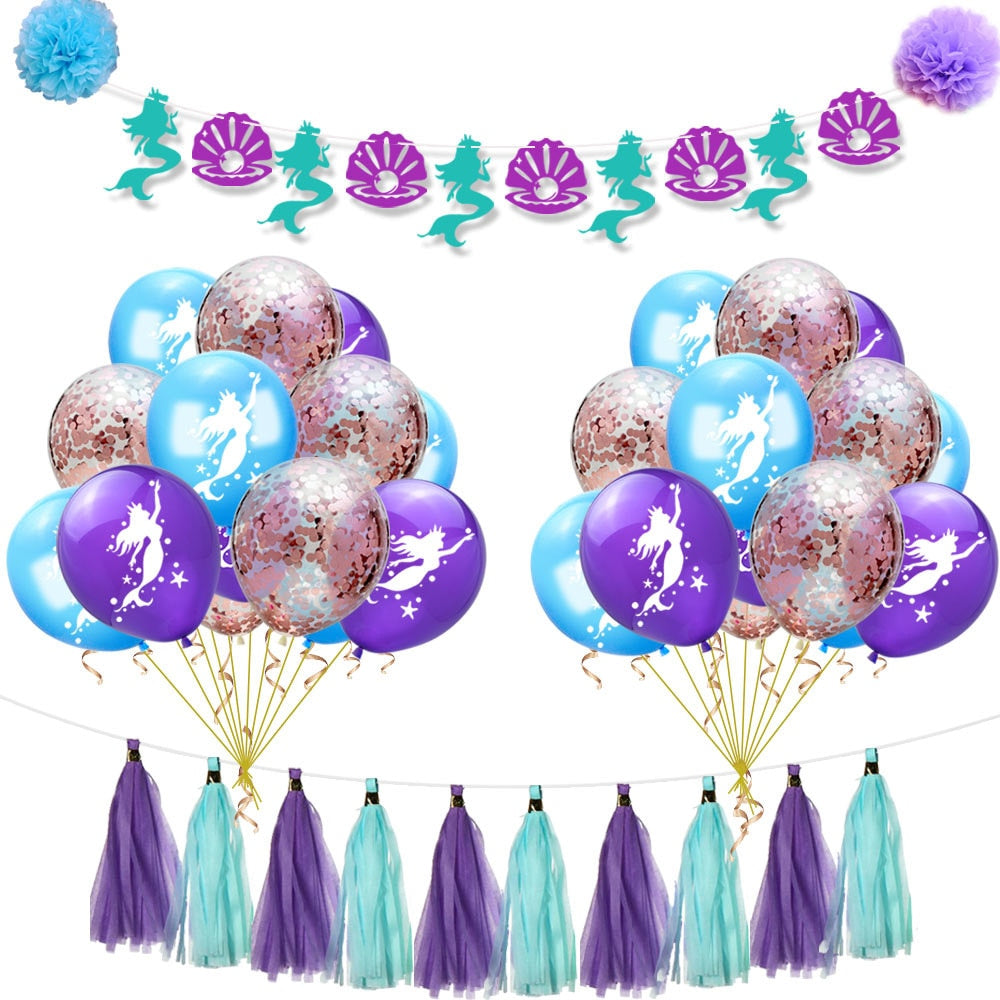 Mermaid Theme Party Decoration Blue Purple Pink Confetti Balloon Banner Tassel Paper Pom Poms Birthday Supplies 