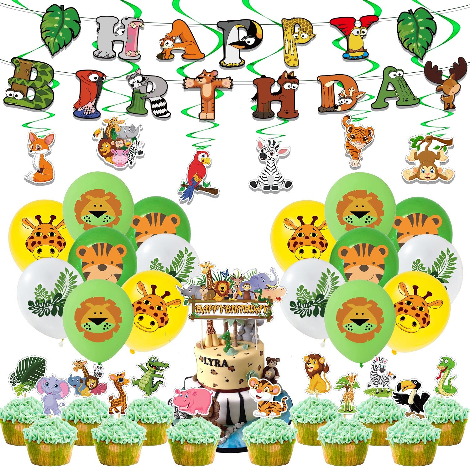 Jungle Animal Theme Latex Balloon Hanging Spirals Snake Tigger Cupcake Toppers Banner Kids Birthday Party Decoration 