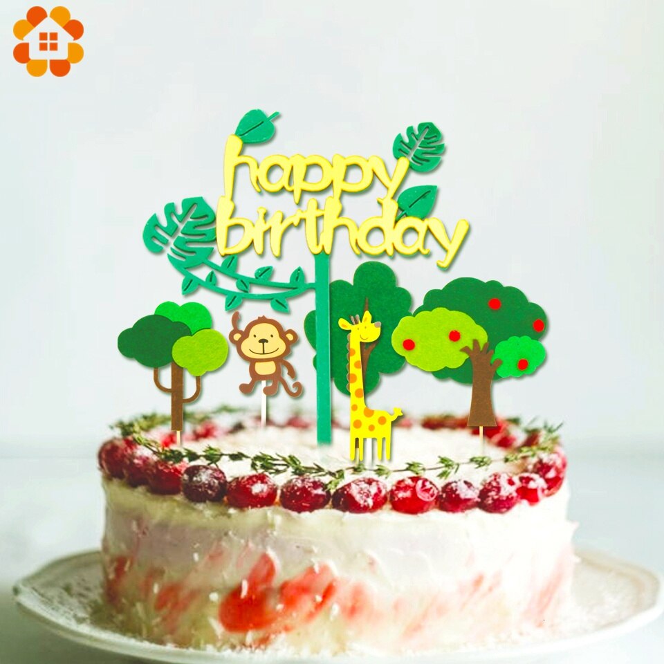 1Set Jungle Animals Cactus Cake Toppers Happy Birthday Decorations For Children's Day Boy Girl Party Baking Sweet Gifts Supplies PartyDecorHQ