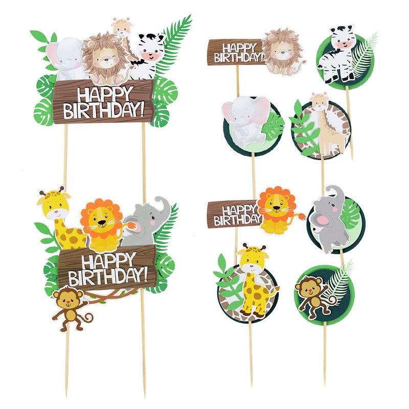 Forest Cartoon Animal Cute Green Leaf Cake Topper Children Birthday Theme Party Lion Giraffe Elephant Monkey Cupcake Insert Card PartyDecorHQ