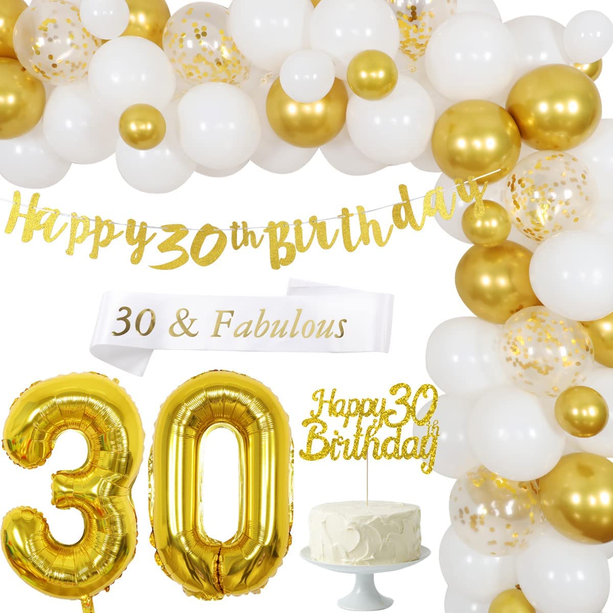 30th Birthday Party Decorations Gold Balloon Garland Arch Kit Happy 30th Birthday Banner Cake Topper Party Supplies PartyDecorHQ