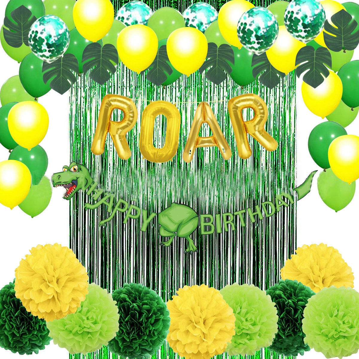 Yellow Green Confetti Balloons Set ROAR Foil Balloons Curtain for Dinosaur Themed Birthday Party Decoration Supplies PartyDecorHQ