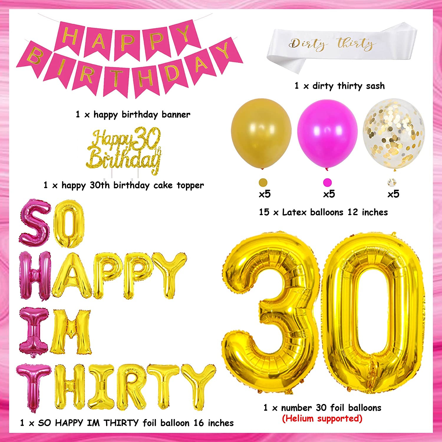 Gold Rose Happy I’m Thirty Foil Balloons Cake Topper Birthday Banner Women th Party Decoration 