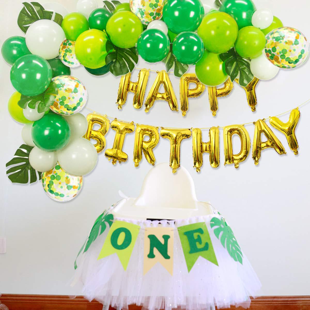 Green Confetti Latex Balloon Garland Arch Kit Foil Leaves Letter Banner Forest Themed Birthday Party Decorations Inflatable